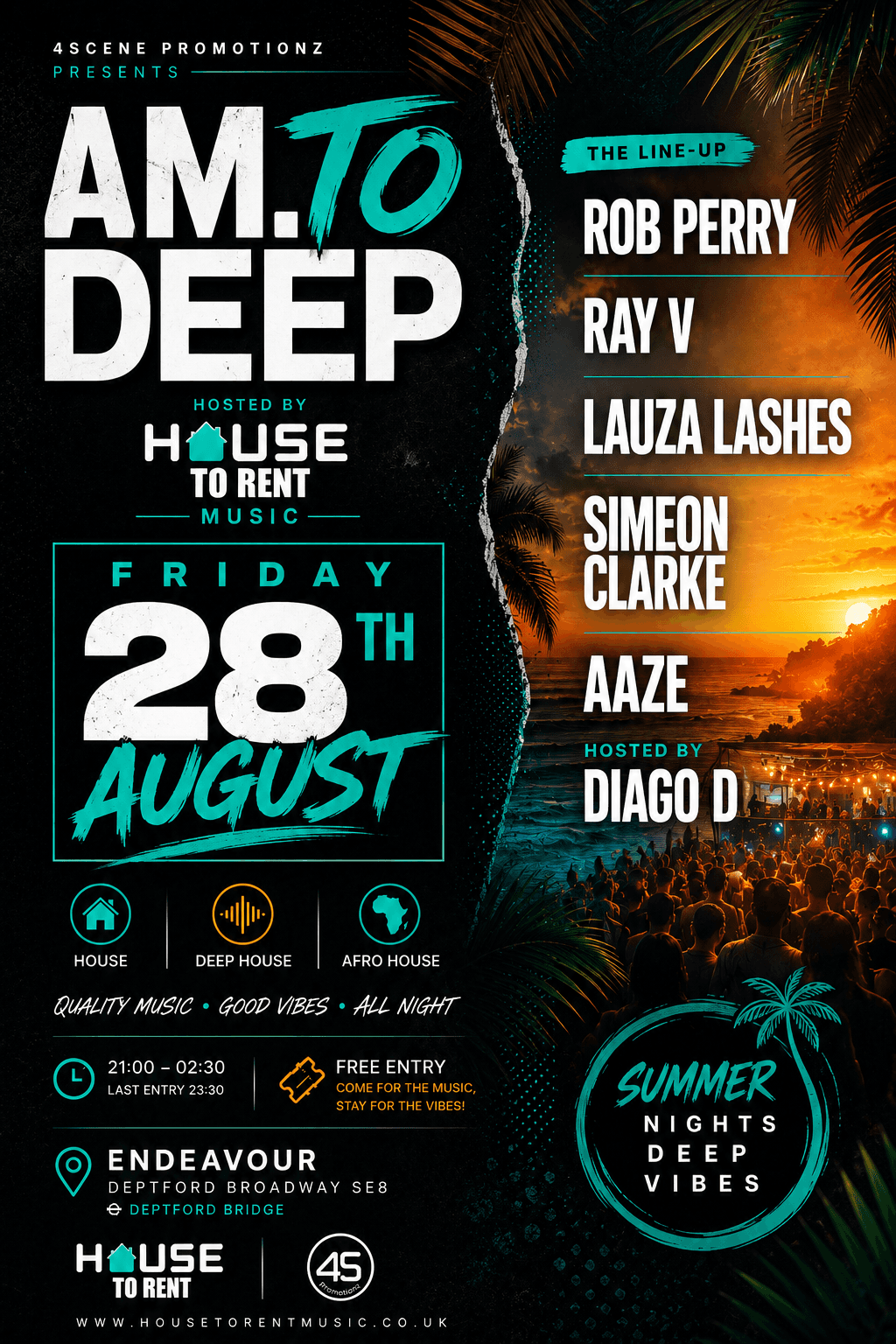 AM.To Deep event flyer for Friday 28th August at Endeavour, Deptford Broadway SE8